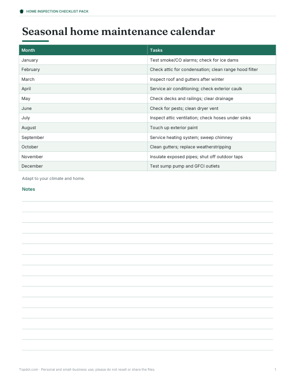 Preview of Printable Home Maintenance Calendar