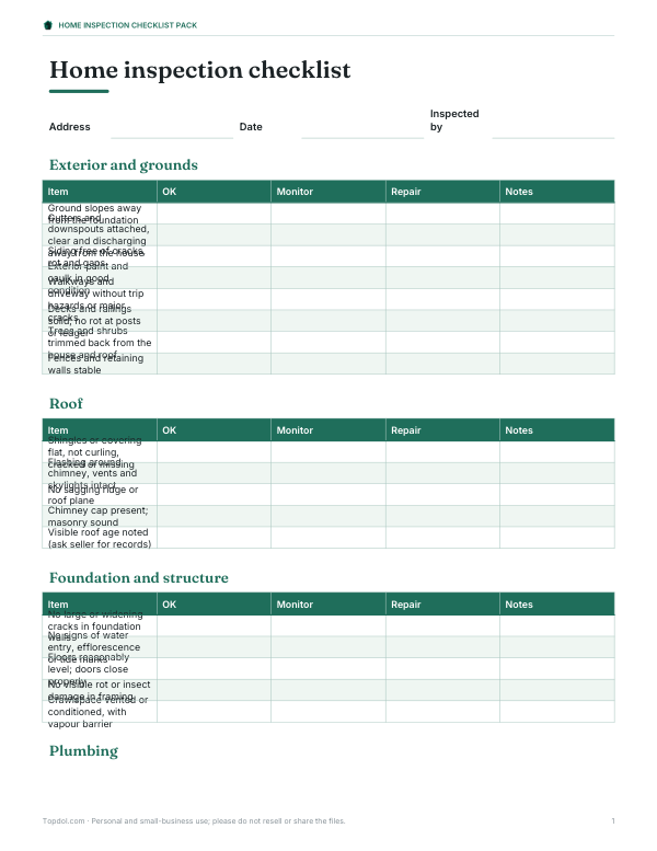 Preview of Printable Home Inspection Checklist
