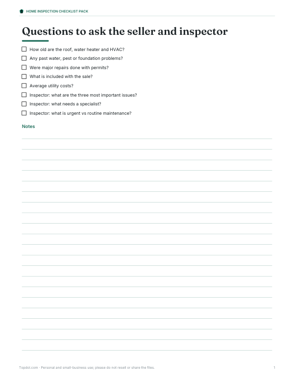 Preview of Printable Home Inspection Questions List