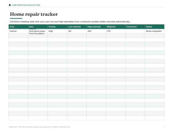 Preview of Printable Home Repair Tracker